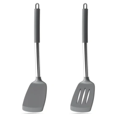 Afbeelding van Avesteir 2 stuks deegschrapers, siliconen spatel met roestvrijstalen kern, wok spatel, 35 cm, pannenlift, hittebestendig, keukenspatel sleuf, voor bakken, pannenkoeken (grijs)