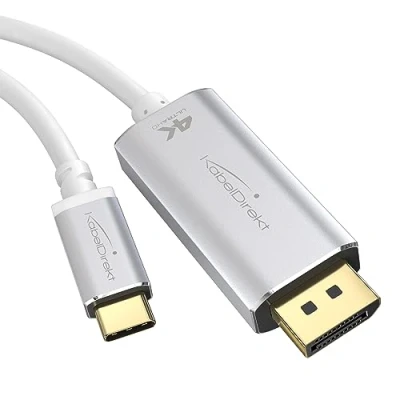 Afbeelding van KabelDirekt USB C naar DisplayPort adapterkabel met splintervrije metalen connectoren 2 m (4K video/60 Hz van notebooks/smartphones schermen DP, 3.1, Type C, Thunderbolt 3, Wit)