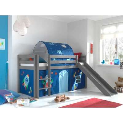 Afbeelding van LUCEVI Pino Halfhoogslaper + Ladder Glijbaan Astro Gordijntjes Tunnel Grijs 90x200 cm