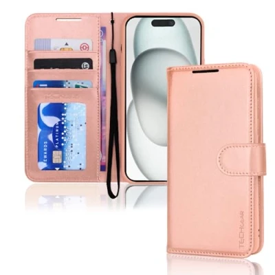 Afbeelding van TECHGEAR Leren portemonneehoesje voor iPhone 15 Plus, flipcase, beschermhoes met portemonnee, kaarthouder, standaard en polsband Roségoud PU leer magnetische sluiting, ontworpen