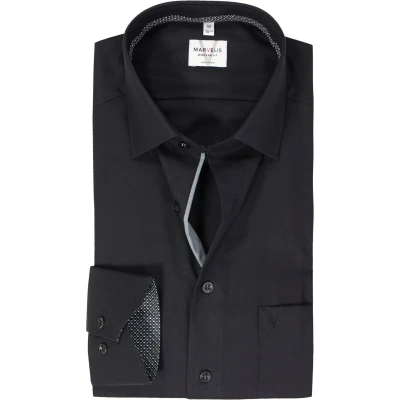 Afbeelding van MARVELIS modern fit overhemd mouwlengte 7 popeline zwart Strijkvrij Boordmaat: 38