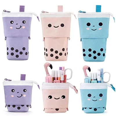 Afbeelding van RoadLoo Stand Potlood Houder, 3 stuks Staande Etui Cartoon Up &amp; Pen Case Telescopische Leuke Kat Duurzaam Canvas Make Tas voor Kinderen Studenten Meisjes Jongens