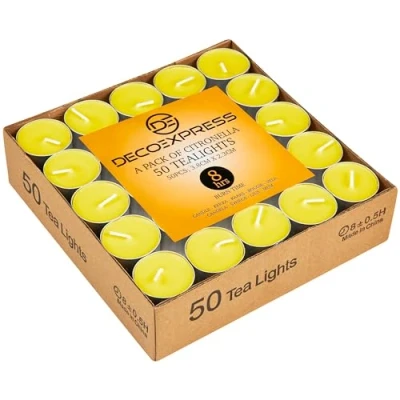 Afbeelding van Deco Express Citronella theelichtjes, 100 of 50 stuks geurkaarsen, brandduur 4 8 uur (geel 50/8 uur)