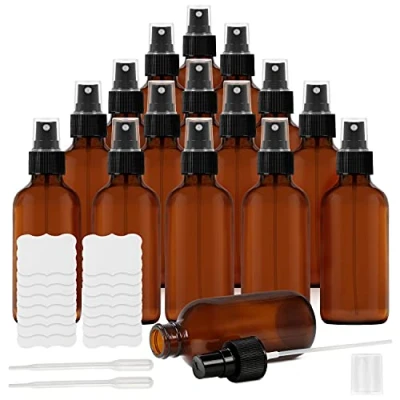 Afbeelding van Belle Vous 16 Stuks Amber Glas Spray Fles 120 ml Fijne Mist Lege Navulbare Flesjes met Etiketten voor Etherische Oliën, Reinigingsproducten, Cosmetica en Aromatherapie