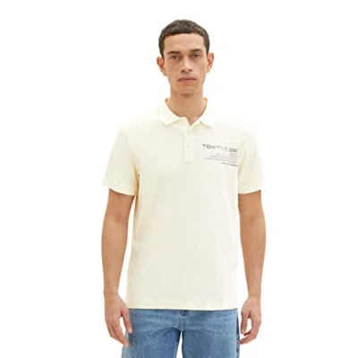 Afbeelding van TOM Tailor MIT Textprint Poloshirt, Heren, Maat: Large, Vintage beige