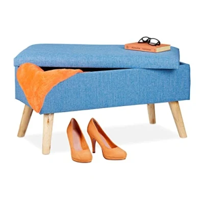 Afbeelding van Relaxdays hocker met opbergruimte, zachte halbank, modern, houten poten, stof, HBD: 39x77x39 cm, donkerrood