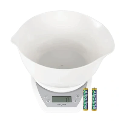 Afbeelding van Salter 1024 WHDR14 Dual Pour Electronic Scale with Mixing Bowl, Wide/Narrow Spouts, 2 L Measures Liquids/Fluids, Add &amp; Weigh, Easy Read LCD Display, 5 kg Max Capacity, White