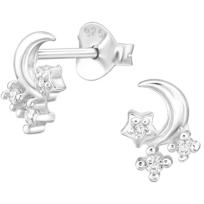 Afbeelding van JoyS Zilveren maan oorbellen met sterretjes 6 x 8 mm oorknopjes zirkonia sterling zilver 925