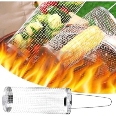 Afbeelding van rollende grillmand, grillmand voor buiten grillen, ronde roestvrijstalen barbecue, grillrooster, draagbaar outdoor camping barbecuerek groenten, frietjes, vis