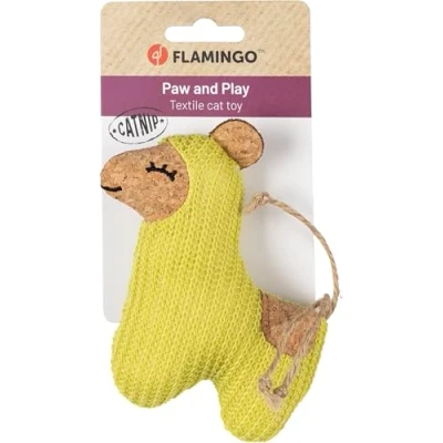 Afbeelding van Flamingo Speelgoed voor kat Lemmo Lama groen 10,5x3,5x12cm kurklook met kattenmunt en linten