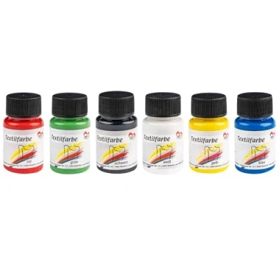 Afbeelding van Ideen mit Herz textielverf, set 6 x 30 ml, sterk gepigmenteerd, voor lichte en donkere stoffen, wasbestendig, op waterbasis (wit, zwart, blauw, groen, geel, rood)