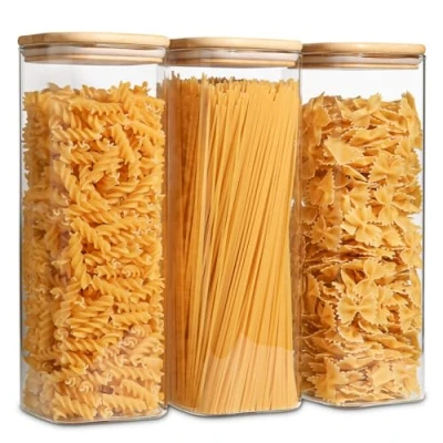 Afbeelding van ComSaf 2100 ml Glazen Spaghetti Opbergpot, Clear Voedsel Opbergcontainers met Bamboe Deksel voor Pasta Noedels Meel Granen Rijst Suiker Thee Koffiebonen, Set van 3