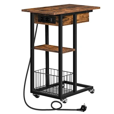 Afbeelding van HOOBRO Bijzettafel met laadstation, flip C vorm banktafel, salontafel wielen en legplank, nachtkastje voor woonkamer, slaapkamer, donkerbruin EBF022SF01