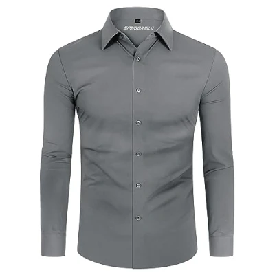 Afbeelding van DEMEANOR Overhemd heren stretch lange mouwen vrijetijdshemden voor hemd slim fit zakelijke overhemden strijkvrij heren, zilver, L
