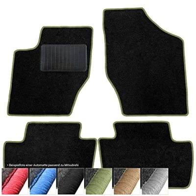 Afbeelding van moto MOLTICO Vloermatten auto velours autotapijten zwart automatten set 4 delig geschikt voor Mitsubishi Colt 2005 2012 (groen siernaden)