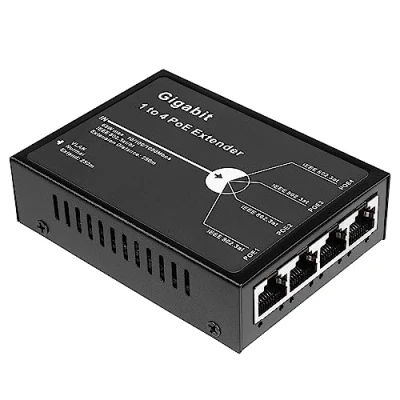 Afbeelding van Revotech Gigabit 4 poorts 60W POE Extender, 1000 Mbps 1 van POE+ repeater met 3 modi, 60 W 802.3bt ingang, 802.3at uitgang 30 W, 100 m/250 m uitbreiding voor apparaat (POE5004G V2)
