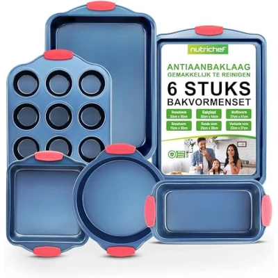 Afbeelding van NutriChef Bakvormset 6 delige Antiaanbak Koolstofstaal Bakset PFOA , PFOS PTFE vrij Hittebestendige Siliconen Handgrepen Ovenbestendig tot 230C