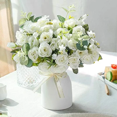 Afbeelding van LESING Kunstzijde Roos met Vaas Kunstbloemen Bruiloftsbloemen Boeketten Arrangement Thuiskantoor Feest Middelpunt Tafeldecoratie (Wit)