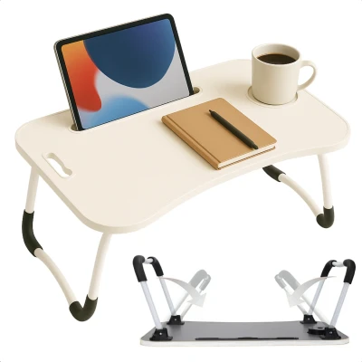 Afbeelding van Cheqo® Opklapbare Laptoptafel Ontbijt op Bed Tafel Bedtafel met Tablethouder Bank Tafeltje Banktafel Ontbijttafeltje Wit
