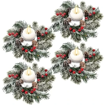 Afbeelding van KAHEIGN 4 Stks Kerst Kaars Ringen, 20CM Kunstmatige Rode Bessen Pinecones Krans Besneeuwde Dennennaalden Kaarsenhouder voor Pijlers Rustieke Bruiloft Middenstuk Voordeur Tafel Party Decoratie