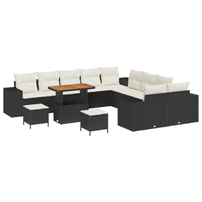 Afbeelding van vidaXL 13 delige tuinsofa set met kussens zwart poly rattan acacia, 3 tuin eetset acacia