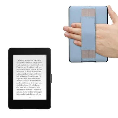 Afbeelding van kwmobile E reader hoesje geschikt voor Amazon Kindle Paperwhite hoes flip case van kunstleer Ereader cover met handband In lichtblauw / grijs