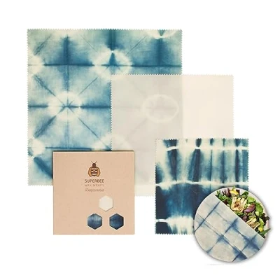 Afbeelding van Bijenwas doekjes, Herbruikbare Wraps voor etenswaren, Zero Waste voedsel verpakking, Set van 3, Klein, Middel en Groot, BeeIndigo SuperBee