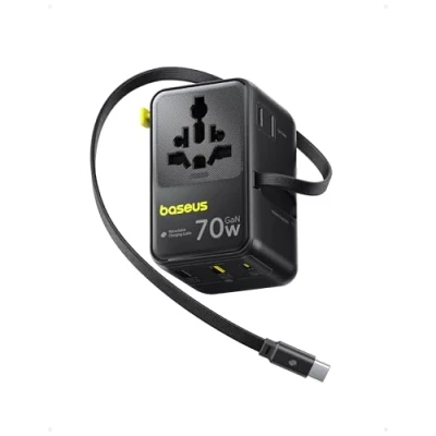 Afbeelding van Baseus Enercore 70W Wereldwijde Reisadapter met Uittrekbare Kabel, Universele Reisstekker 2 AC + USB A C, Internationale Stopcontactadapter voor de VS, het VK, Japan, Thailand en Australië