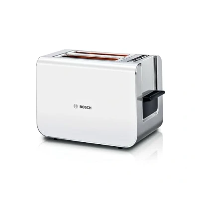 Afbeelding van Bosch Broodrooster Styline TAT8611N, geïntegreerd opzetstuk voor broodjes, liftfunctie, ontdooifunctie, automatische uitschakeling, broodcentrering, 800 W, roestvrij staal/wit