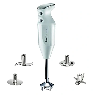 Afbeelding van bamix Staafmixer set M350 MAXX incl. multifunctioneel mes, Vlees , Groentemes, Gaatjesschijf, Gladde schijf van roestvrij staal, 350 Watt, 2 standen, Made in Switzerland, Wit/chroom