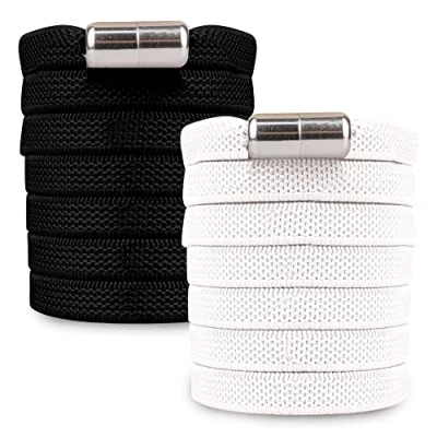 Afbeelding van SULPO Elastische rubberen veters zonder strikken plat, met draaisluiting, zwart en wit, 2 paar, One Size