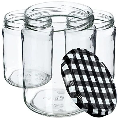 Afbeelding van KADAX Weckpotten, 540 ml, inmaakpotten voor schroefdeksel, jampot, voorraadpot, conservenglas, ronde glazen (zwart geruit, 24 stuks)
