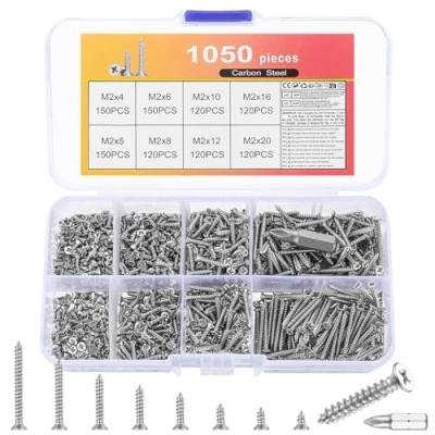 Afbeelding van 1050 stuks M2 schroevenset, houtschroeven, assortiment, zelftappende schroeven met verzonken kop, kleine platte kopschroeven, hout, plaatschroeven, snelbouwschroeven