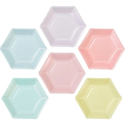 Afbeelding van Talking Tables Set van 12 Pastel Verjaardagsborden .6 kleuren, zeshoekig, papier .Wegwerpservies voor elke gelegenheid, volwassenen, kinderen, babyshower, picknick, 3.5 x 21 cm, Meerkleurig