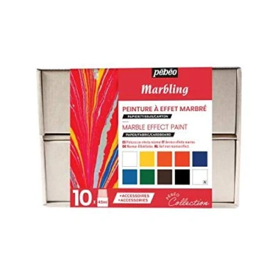 Afbeelding van Pébéo Marbling Collection Box Marmeren verfset, 10 x 45 ml gemengde verfflessen, 1 fles verdikkingsmiddel bad, vellen diffusiepapier, staafjes, creatieve gids