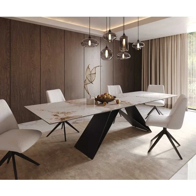 Afbeelding van DELIFE Eetkamertafel Edge 300x100 keramiek Minas Melange wit beige V frame vlak staal zwart