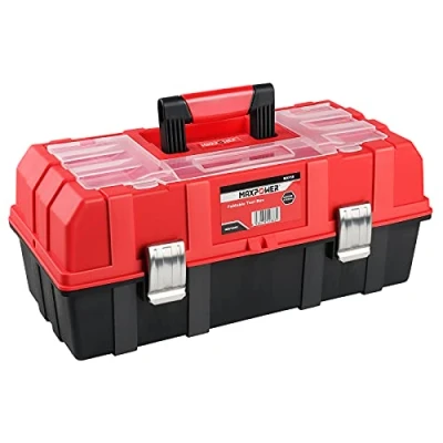 Afbeelding van gereedschapskist 17 inch, MAXPOWER lichtgewicht vrijdragende organizer plastic opslag opvouwbare met drielaagse lade en verdelers