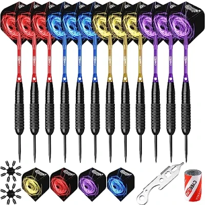 Afbeelding van CyeeLife Stalen tip Kleurrijke dartset 22 g met aluminium schachten (4 kleuren)+16 beschermers+16 vluchten kleuren)+puntenslijper+gereedschap, 12 verpakkingen sets) voor 4 beginners thuis darten
