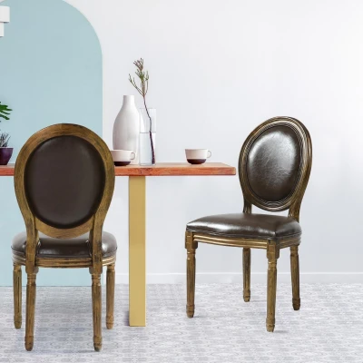 Afbeelding van Lot van 2 Louis XVI stoelen in medaillonstijl Simili (PU) Bruin gepatineerd hout Goud Menzzo