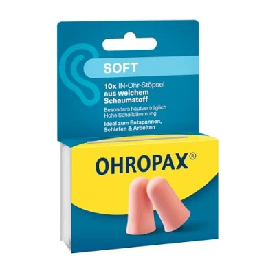 Afbeelding van OHROPAX Soft oordopjes in ear van zacht schuim bijzonder onopvallend en comfortabel geluidsisolatiewaarde SNR 31 dB ideaal voor ontspannen, slapen werken 10 stuks