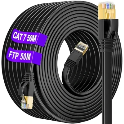 Afbeelding van Ethernet Kabel 50m zwart, Cat 7 Netwerkkabel 50 meter Internet Hoge Snelheid Afgeschermde 10Gbps 600MHz S/FTP Buiten Gigabit Waterdichte Patchkabel Lan Kable voor Router Switch (50 Clips)