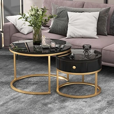 Afbeelding van Idemon Moderne Nesting salontafel hoogglans marmerpatroon set van 2 ronde salontafels nested bijzettafel (zwart), WF303615