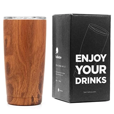 Afbeelding van balibetov Thermobeker, koffie to go, geïsoleerde roestvrijstalen koffiebeker voor onderweg, ideaal reizen, outdoor, thee, wijn, bier en meer (hout)