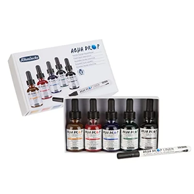 Afbeelding van Schmincke AQUA DROP, vloeibare aquarelverf, 5 x 30 ml transparante kleuren + LINER met penseelpunt, 78 105 097, Set voor aquarelleren, kalligraferen, handletteren, airbrushen