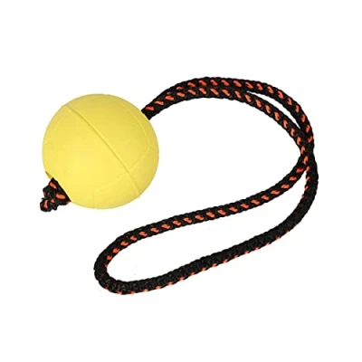 Afbeelding van Dingo Balll BIBI voor training # 70 met handvat 30 cm kleur geel drijvende bal rubber apport spel hond 17252