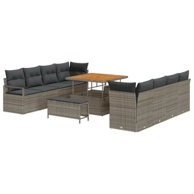 Afbeelding van vidaXL 11 delige Tuin Sofa Set met Kussens Grijs Poly Rattan Acacia, 2 Zits Opslag &amp; Rattan, 3 Eetset Acacia