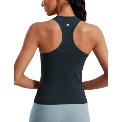 Afbeelding van CRZ YOGA Naadloze, ademende dames sporttanktops met racerback, hoge hals en mouwloze hardloopshirts echte marine M