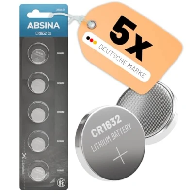 Afbeelding van ABSINA CR1632 3V lithium knoopcel, verpakking van 5 stuks, batterijen CR 1632, lekvrij en lange houdbaarheid, 1632 knoopcel voor autosleutel, horloge UVM, batterij