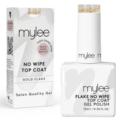 Afbeelding van Mylee No Wipe Glinsterende Goud Getinte Vlokken Topcoat 15ml, UV LED Gel Nagel Nagellak, Snel, Gemakkelijk Langdurige Finish voor Natuurlijke Nagels, Acryl Extensions &amp; Tips, Professionele Manicure