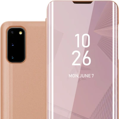 Afbeelding van Cadorabo Hoesje geschikt voor Samsung Galaxy S20 in KUNZIET ROZE Clear View Spiegel Beschermende Case met Tribunefunctie 360 Graden Bescherming Book Cover Etui